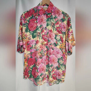 Zara Top Women's Size XS Pink Yellow Green Floral Button Down Short Sleeve